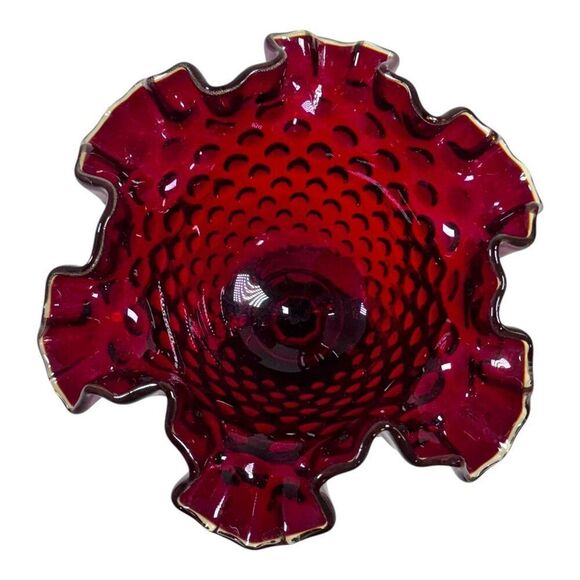 Vtg Fenton Ruby Red Amberina Gold Crested Ruffled Hobnail Compote 6" Candy Dish - Picture 3 of 5